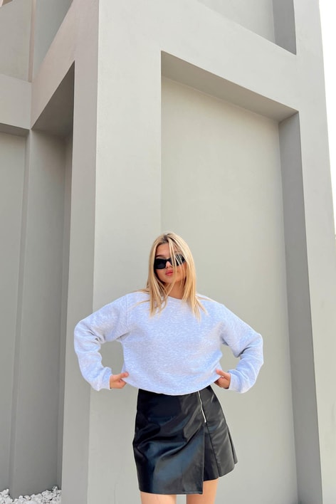 Bisiklet Yaka Celp Sweatshirt Gri Melanj