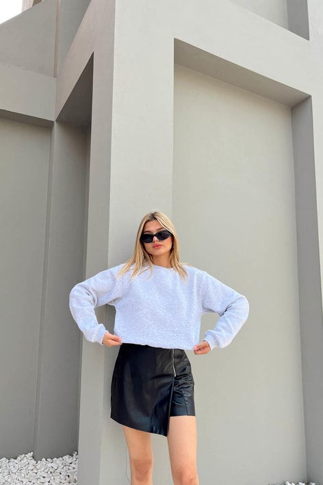 Bisiklet Yaka Celp Sweatshirt Gri Melanj