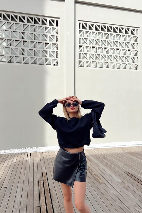 Bisiklet Yaka Celp Sweatshirt Siyah