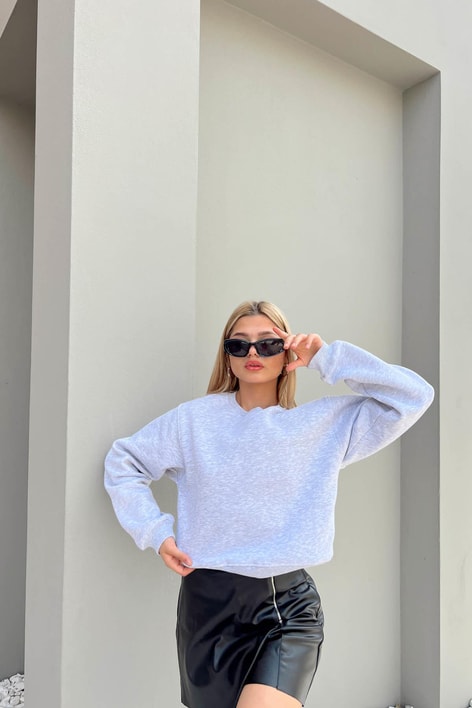 Bisiklet Yaka Celp Sweatshirt Gri Melanj