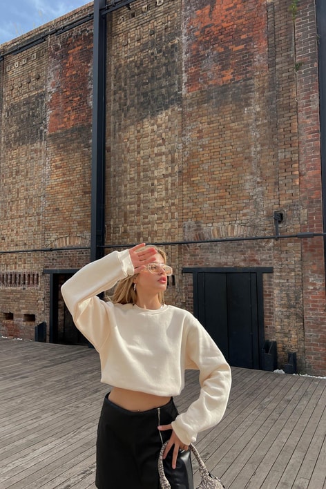 Bisiklet Yaka Celp Sweatshirt Taş