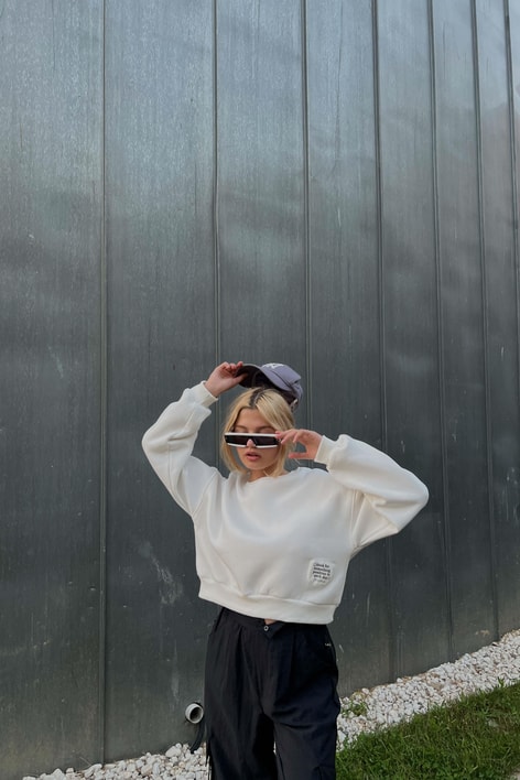 Bisiklet Yaka Crop Sweat Beyaz
