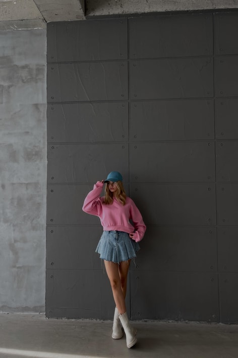 Bisiklet Yaka Crop Sweat Pembe