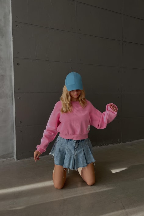 Bisiklet Yaka Crop Sweat Pembe