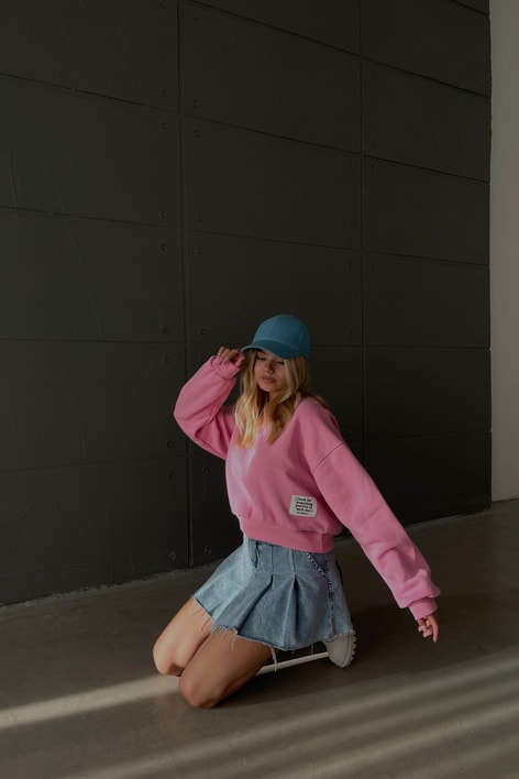 Bisiklet Yaka Crop Sweat Pembe