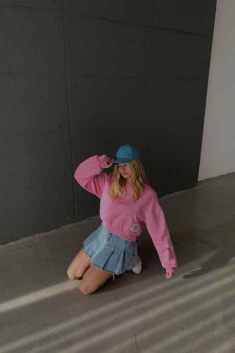 Bisiklet Yaka Crop Sweat Pembe