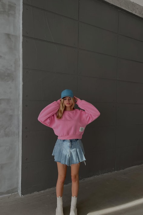 Bisiklet Yaka Crop Sweat Pembe
