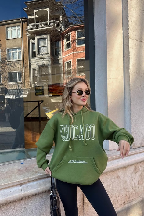 Chıcago Baskı Sweatshirt Kivi Yeşili