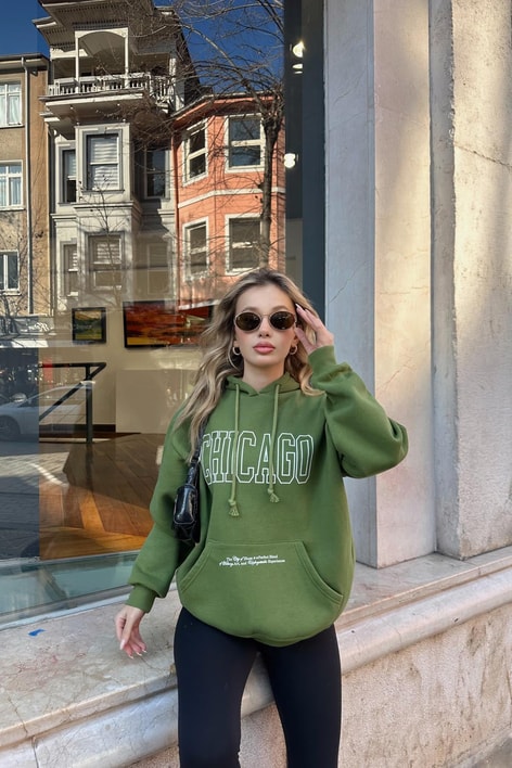 Chıcago Baskı Sweatshirt Kivi Yeşili