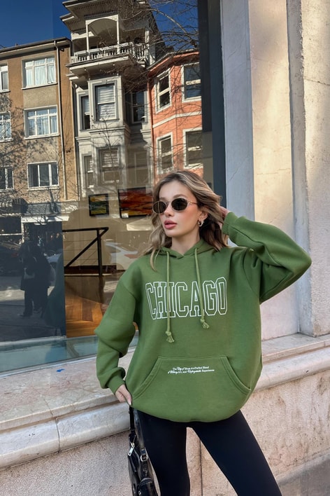 Chıcago Baskı Sweatshirt Kivi Yeşili