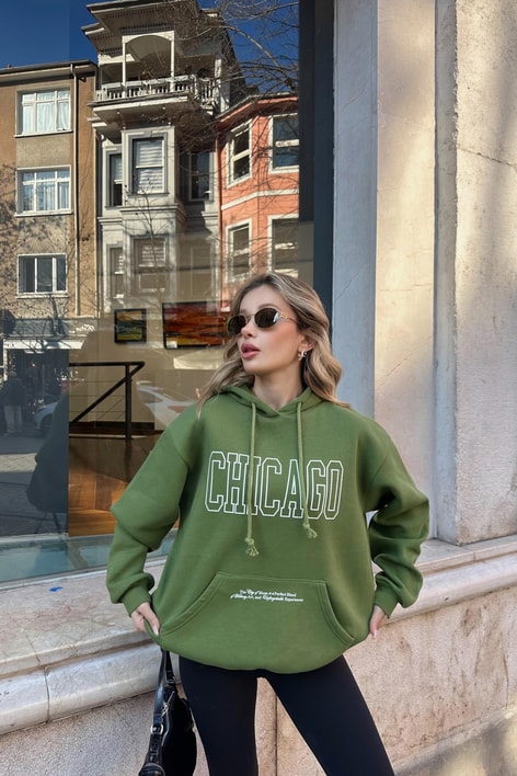 Chıcago Baskı Sweatshirt Kivi Yeşili