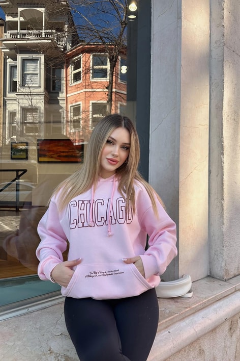 Chıcago Baskı Sweatshirt Pudra