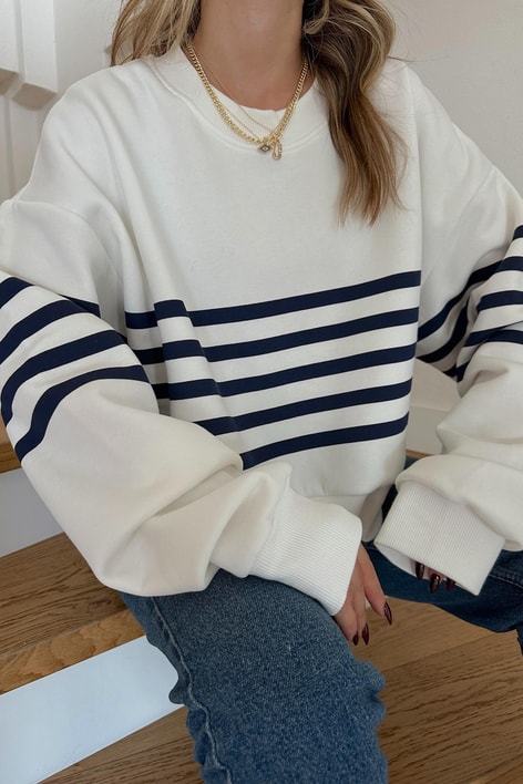 Çizgi Baskılı Sweat Ekru
