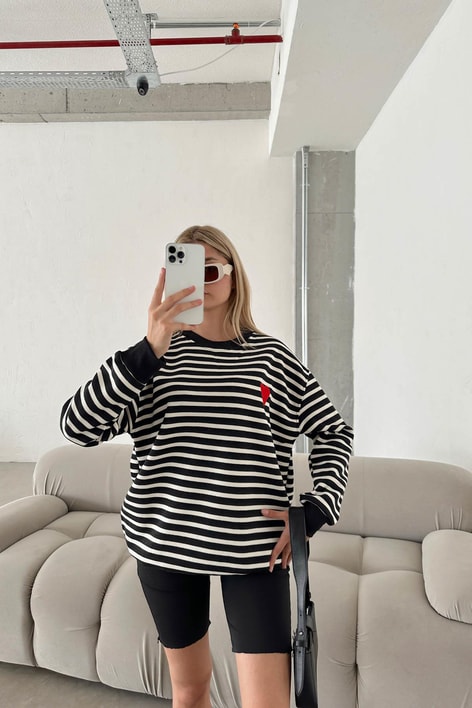 Çizgili Love Sweatshirt Siyah