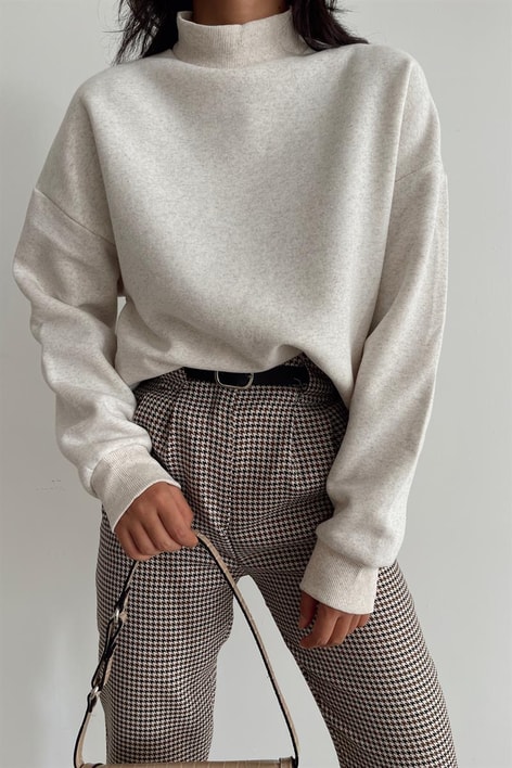 Dik Yaka Basic Sweatshirt Bej Melanj