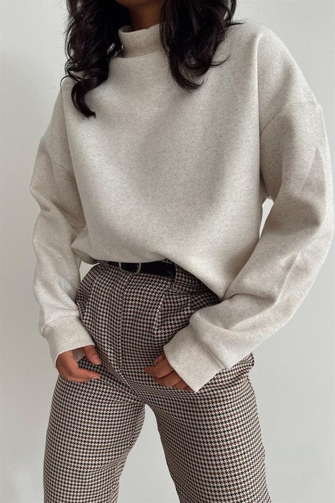 Dik Yaka Basic Sweatshirt Bej Melanj