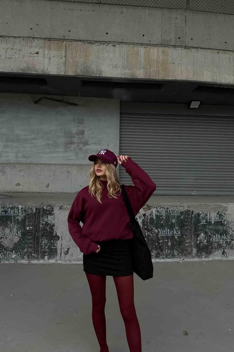 Dik Yaka Basic Sweatshirt Bordo