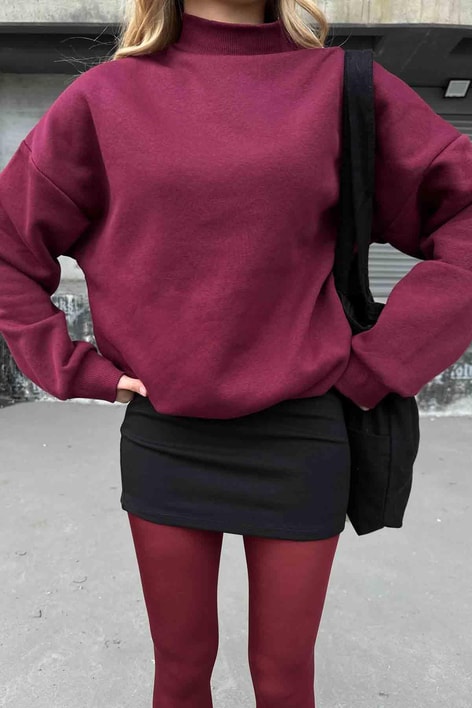 Dik Yaka Basic Sweatshirt Bordo