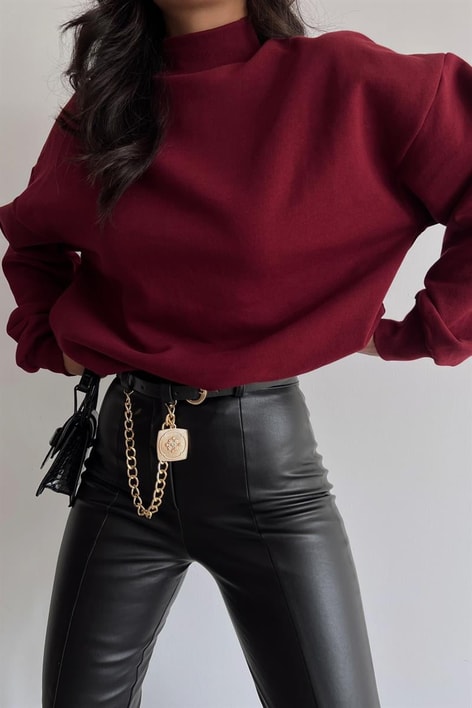 Dik Yaka Basic Sweatshirt Bordo