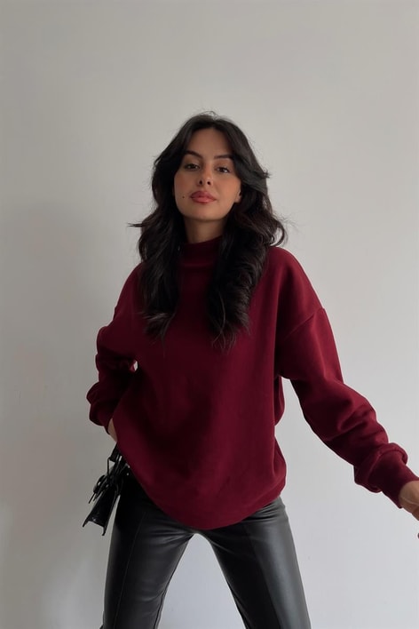 Dik Yaka Basic Sweatshirt Bordo