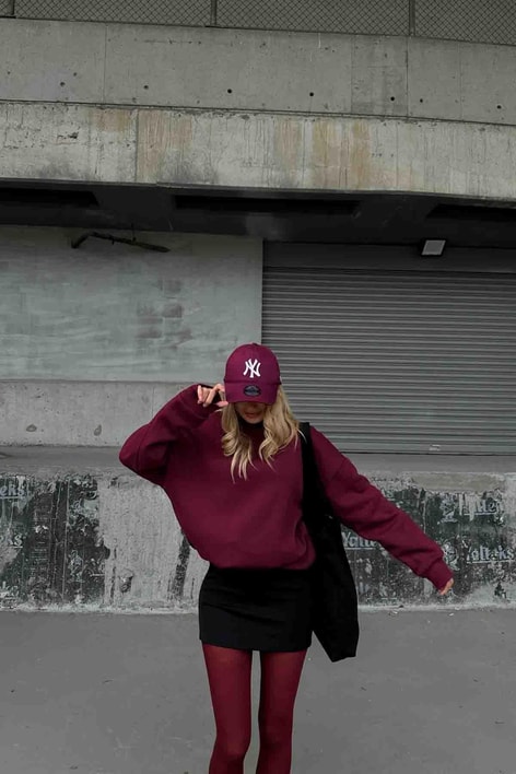 Dik Yaka Basic Sweatshirt Bordo