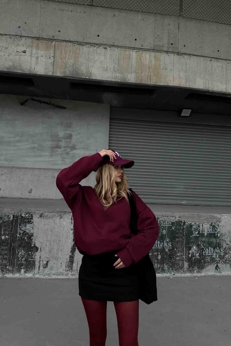Dik Yaka Basic Sweatshirt Bordo