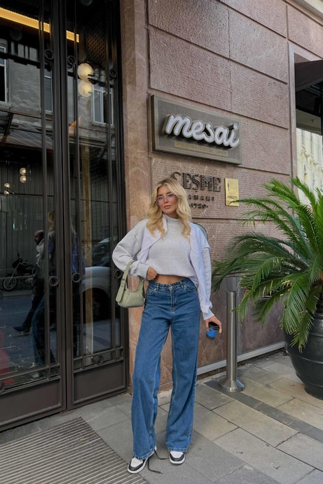 Dik Yaka Basic Sweatshirt Gri