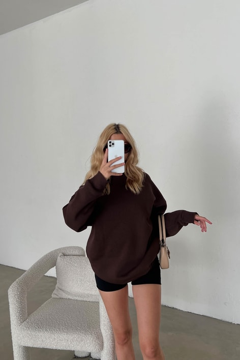 Dik Yaka Basic Sweatshirt Kahve