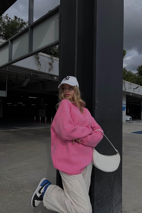 Dik Yaka Basic Sweatshirt Şeker Pembe