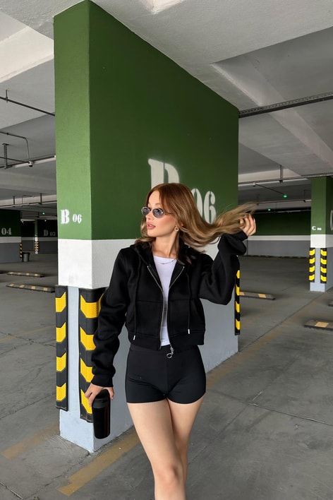 Fermuarlı Crop Sweatshirt Siyah
