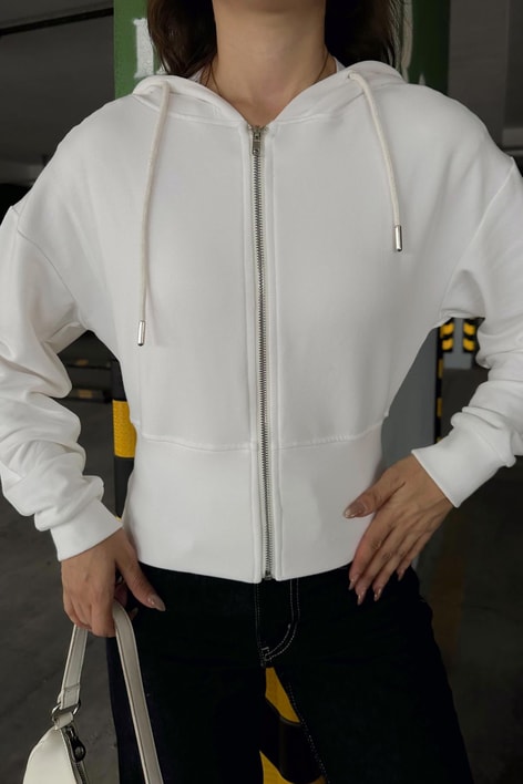 Fermuarlı Modal Sweatshirt Beyaz