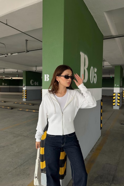 Fermuarlı Modal Sweatshirt Beyaz