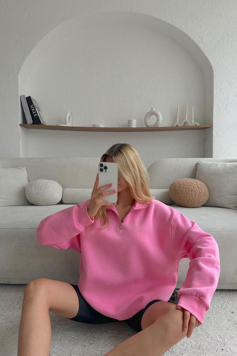 Fermuarlı Oversize Sweatshirt Pembe