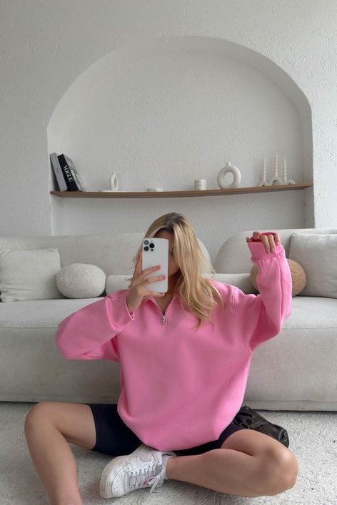 Fermuarlı Oversize Sweatshirt Pembe