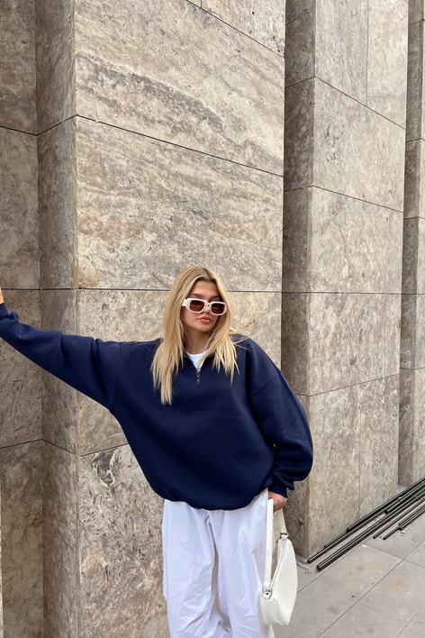 Fermuarlı Oversize Sweatshirt Lacivert