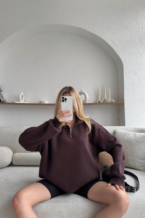 Fermuarlı Oversize Sweatshirt Kahve