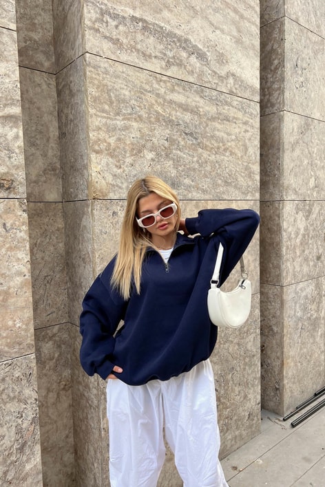 Fermuarlı Oversize Sweatshirt Lacivert