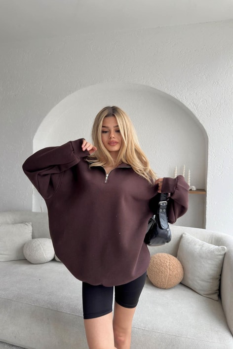 Fermuarlı Oversize Sweatshirt Kahve