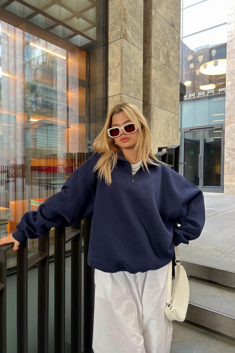 Fermuarlı Oversize Sweatshirt Lacivert