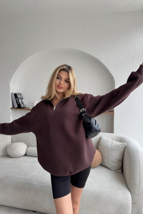 Fermuarlı Oversize Sweatshirt Kahve