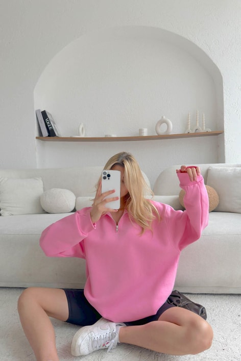 Fermuarlı Oversize Sweatshirt Pembe