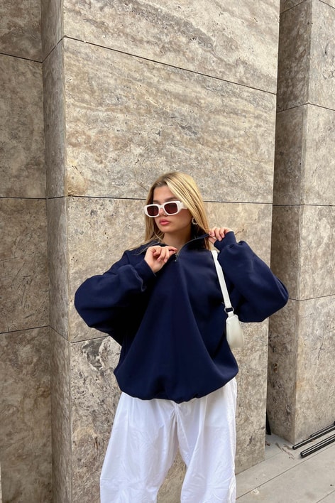 Fermuarlı Oversize Sweatshirt Lacivert
