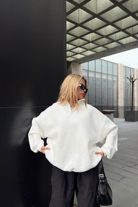 Fermuarlı Oversize Sweatshirt Beyaz