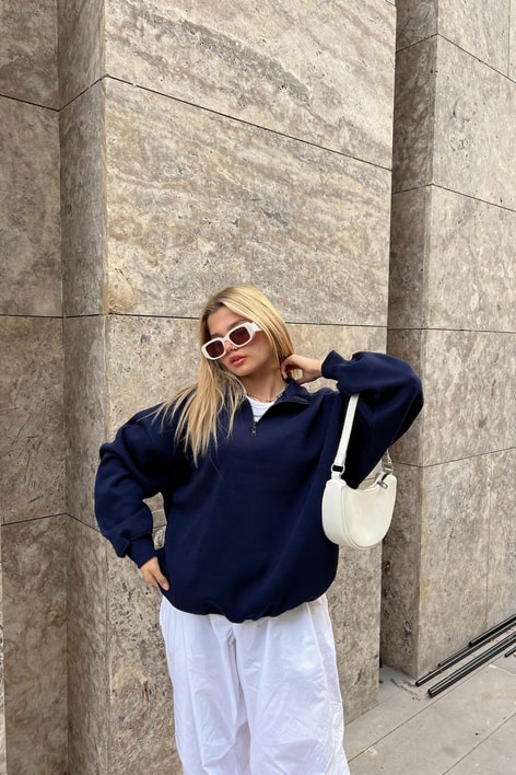 Fermuarlı Oversize Sweatshirt Lacivert