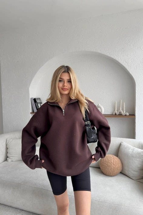 Fermuarlı Oversize Sweatshirt Kahve