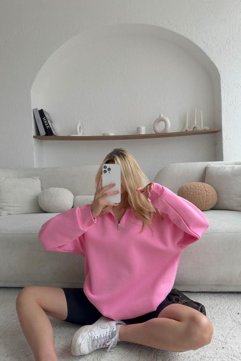 Fermuarlı Oversize Sweatshirt Pembe