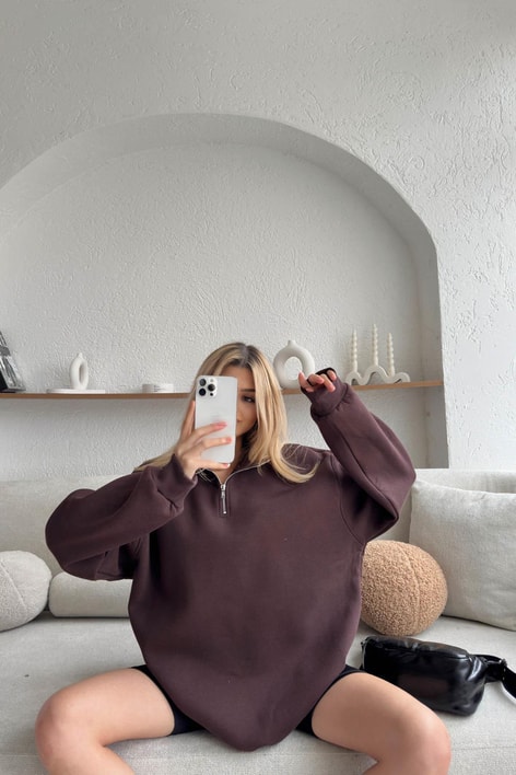 Fermuarlı Oversize Sweatshirt Kahve