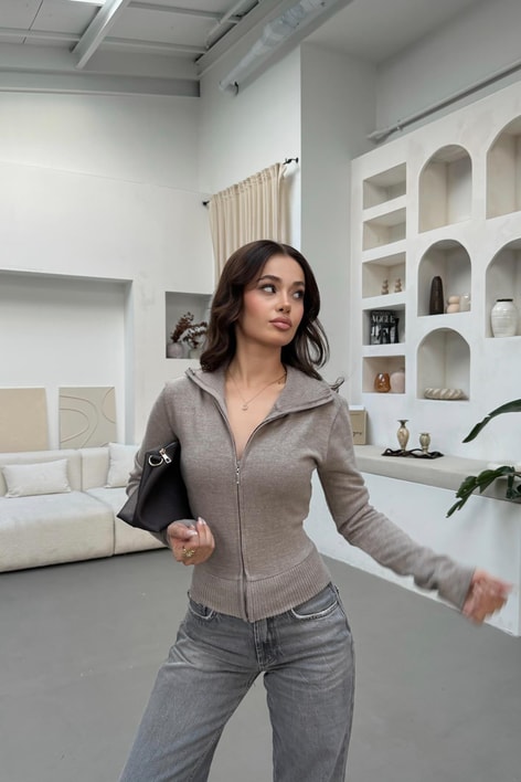 Fermuarlı Triko Sweat Vizon