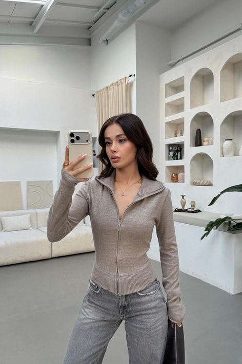 Fermuarlı Triko Sweat Vizon