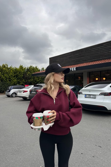 Fermuarlı Zip Detay Crop Sweatshirt Bordo